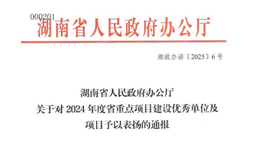 湖南省人民政府办公厅关于对2024年度省重点项目建设优秀单位及项目予以表扬的通报